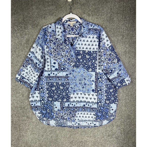 Woman Within 1/2 Sleeve V-Neck Floral Patchwork Popover Top Womens 18/20 Blue - Picture 1 of 14